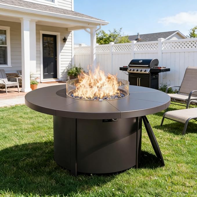 Gotland 5 Piece Patio Set, Aluminum Outdoor Swivel Chairs Set with 48’’ Round Fire Pit 5.1’’ High-Resilience Seat Cushions 29.5" Deep Seating, Metal Patio Furniture Set Patio Conversation Sets, Khaki