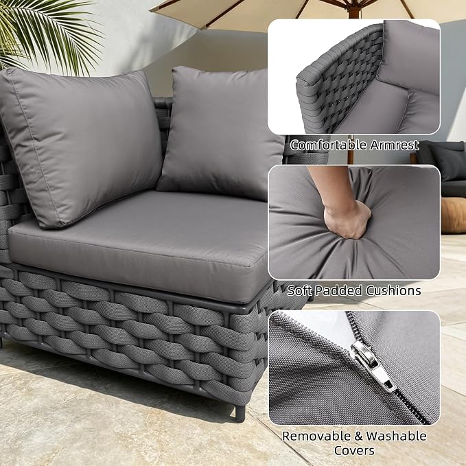 TWT 3-Piece Outdoor Conversation Set, Woven Rope Patio Sofa & Table in Gray. Quick assembly, water-resistant easy-clean cushions. Weather resistant and space-saving, great for indoor & outdoor spaces.