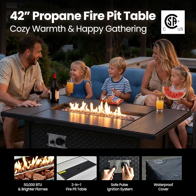8-Piece Wicker Outdoor Sectional Furniture with Firepit Table, Wide Armrest Patio Couch Set Swivel Rocking Chair Ottoman, Modern Modular Conversation Sets for Backyard Deck Garden, Denim Blue