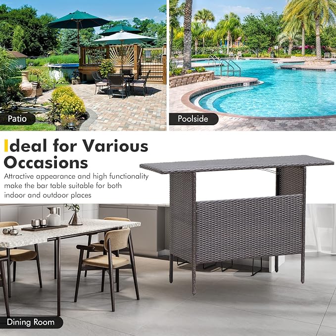 FANTASK Outdoor Wicker Bar, Paito Bar Table w/2 Storage Shelves, 2 Sets of Rails and Condole Cup Holders, Rattan Bar Counter Table for Backyard, Poolside, Garden