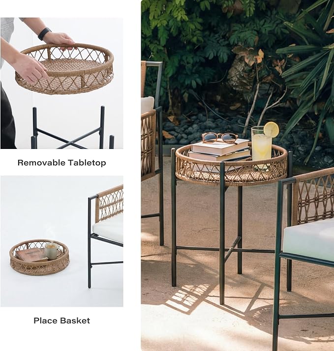 LAUSAINT HOME 3 Piece Patio Furniture Set, Outdoor Wicker Bistro Set with Handwoven PE Rattan Chairs & Round Side Table, Steel Frame Conversation Set for Patio, Balcony, Backyard, Poolside, Beige
