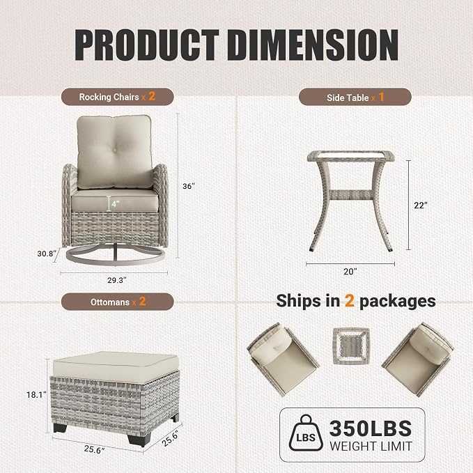 Outdoor Patio Furniture Set Patio Rocking Swivel Chair with Tempered Glass Side Table, Outdoor Wicker Rattan Bistro Set with Ottomans for Garden, Deck, and Balcony, White