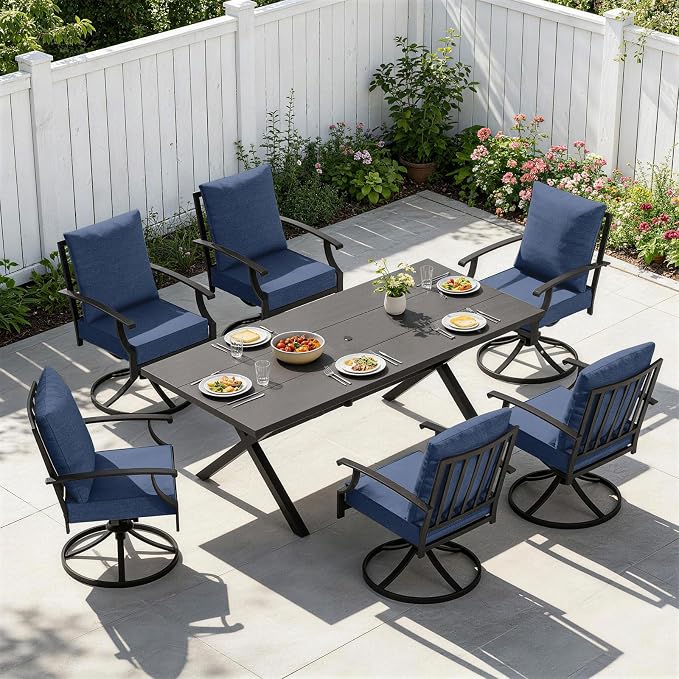 7 PCS Outdoor Patio Dining Set,Patio Table and Chairs Metal Outdoor Patio Furniture Set with Umbrella Hole,Dining Table Set with 6 Swivel Chairs for Deck,Backyard and Garden,Navy Blue