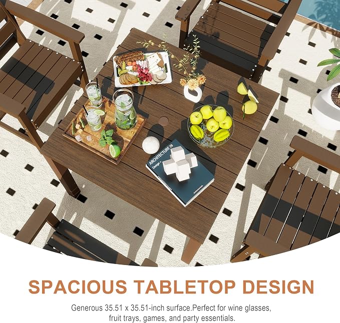 Domi HDPE Outdoor Dining Set, All-Weather Outdoor Dining Table Set of 5 with 2" Umbrella Hole, Outdoor Patio Dining Set for Garden, Poolside, Backyard, Deck, Brown