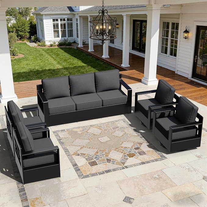 Outdoor Aluminum Furniture Set, 5-Piece Patio Conversation Set, 2 Swivel Chairs, 2 Chairs and 1 Sofa, All-Weather Metal Frame, 6" Thick Removable Cushions, Deep Setting for Garden and Porch, Grey