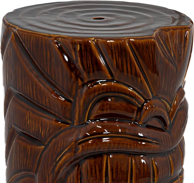 Sunnydaze Tropical Tiki Head Ceramic Garden Stool Side Table with Wood-Look Finish - Indoor or Outdoor Use - 17.25-Inch H