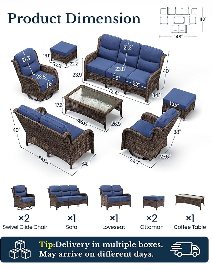 HILLGA Luxury High Back Patio Furniture Set with 6-Inch Thick Cushion, 7-Piece Outdoor Conversation Set with Sofa, Swivel Rocker Chairs & Ottomans, Ideal for Porch Pool Deck Yard (Blue)