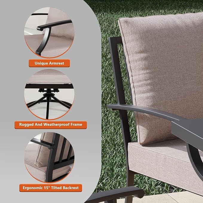 5 Piece Metal Outdoor Patio Furniture Set with 48" Round Propane Fire Pit, Outdoor Dining Table Set with 4 Swivel Chairs and 55000 BTU Outdoor Fire Pit, Sand