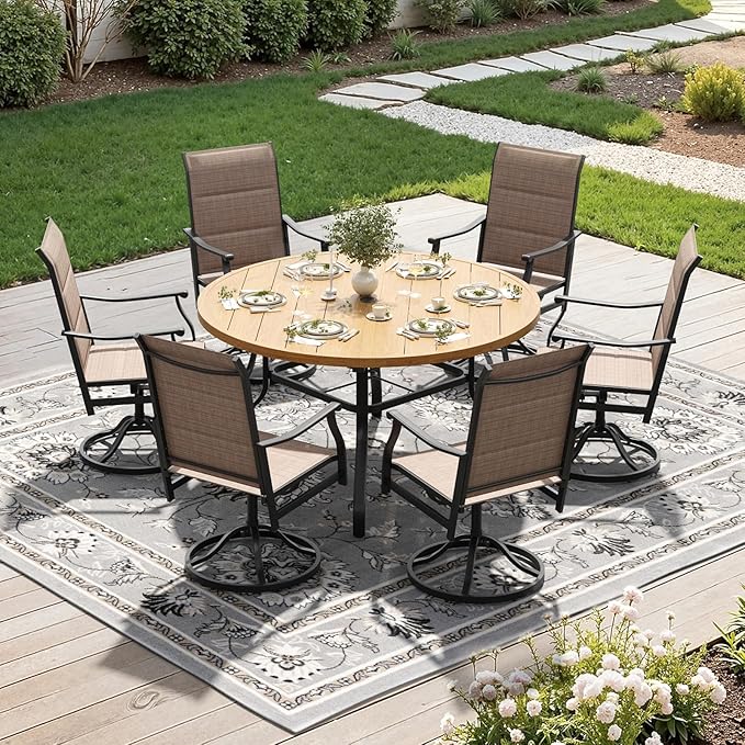 Soohow Outdoor Dining Set for 6, 7-Piece Patio Table and Chairs Set, 6 x Swivel Patio Dining Chairs and 47" Wood-Like Round Outdoor Table with 1.57" Umbrella Hole for Backyard, Poolside