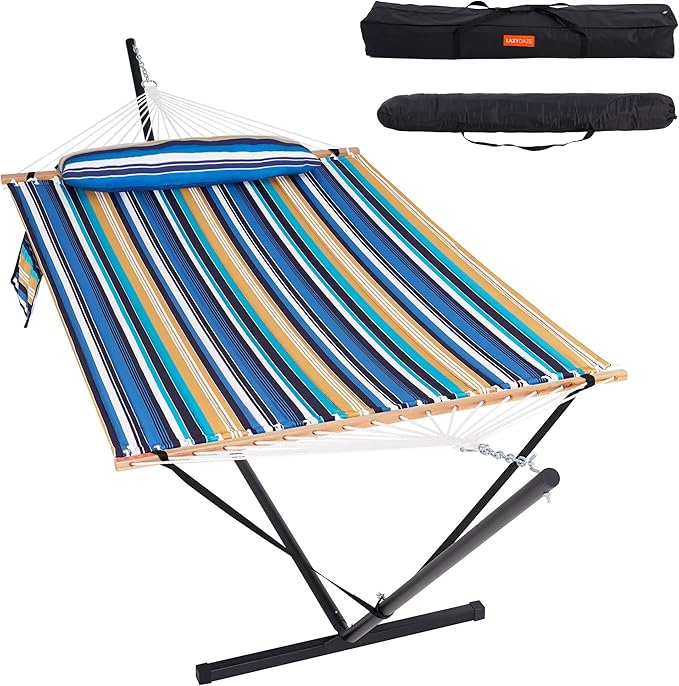 Lazy Daze Hammocks 2 Person Portable Hammock with 12FT Stand for Outside, 10.5FT Quilted Double Hammock with Spreader Bar and Detachable Pillow, 450lbs Capacity for Outdoor Patio, Beach Stripes