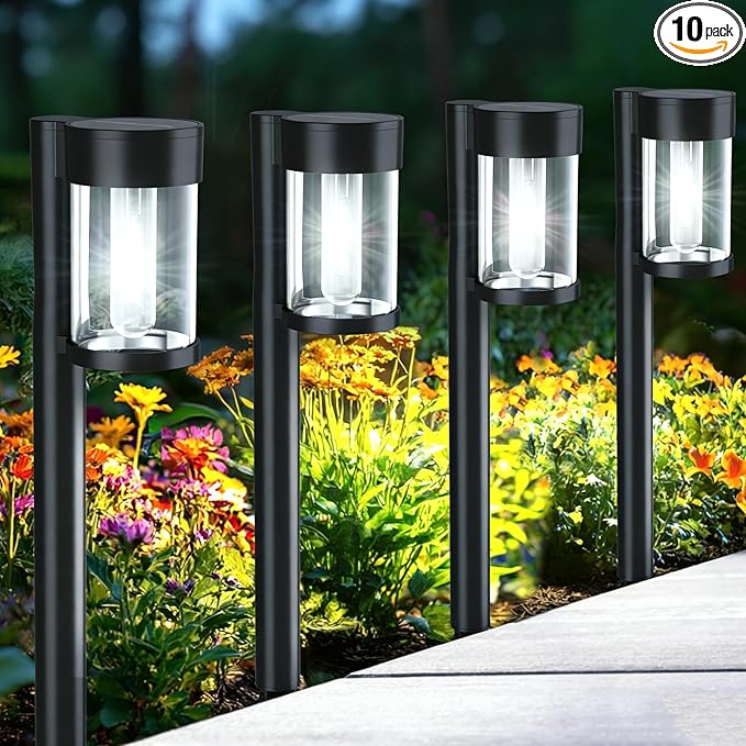 Mancra Solar Pathway Lights Outdoor, 10 Pack Metal & Glass Solar Lights Outdoor Waterproof Landscape Path Lights, Cool White