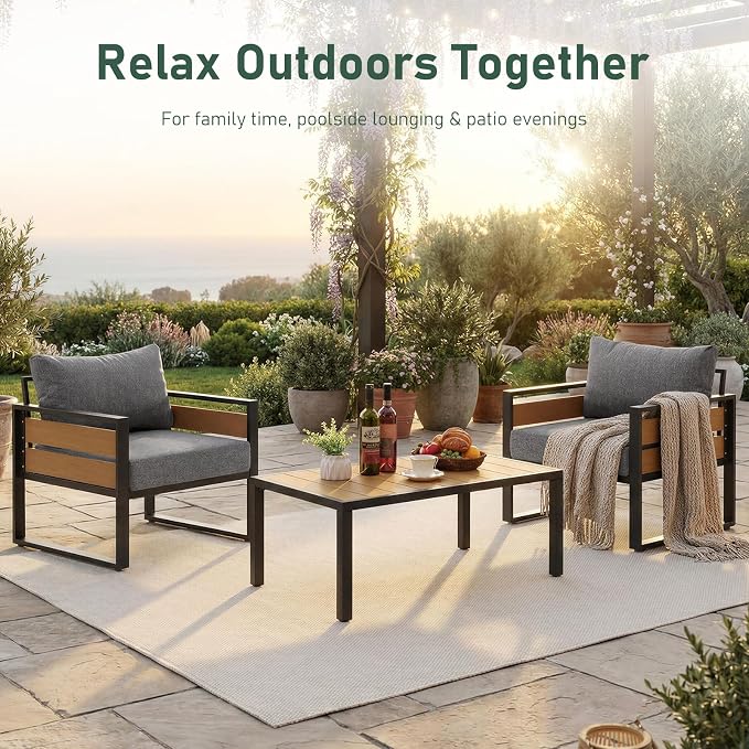 Furnimart Patio Furniture Set, 3-Piece Metal Outdoor Sectional, 2-Seat Patio Conversation Set with Deep Seating, Thick Cushions & Coffee Table for Backyard, Porch & Deck, Gray