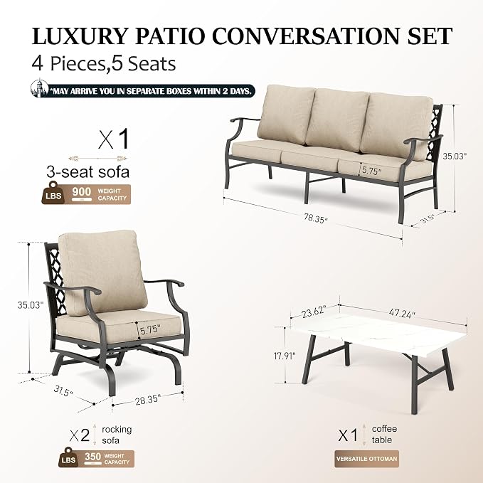 HERA'S HOUSE 4 Piece Patio Furniture Set, 2 x Rocking Metal Frame Cushioned Chair, 3-Seat Sofa with Marbling Coffee Table, All Weather Outdoor Conversation Set for Lawn Garden Backyard