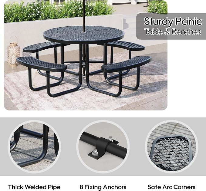 46" Round Picnic Tables for Outdoors,Commercial Metal Picnic Table Bench Set W/ Umbrella Hole,Restaurant School Canteen Tables W/Seats - Heavy Duty Sturdy Picnic Tables for Patio Garden Coffee Shop