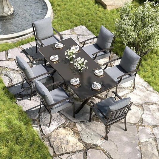 Kullavik 7 Pieces Outdoor Dining Set,Patio Dining Table and Chairs Set for 6,Fence Pattern Back Chairs with Thickened Cushions & Rectangular Metal Dining Table with Umbrella Hole for Patio,Grey