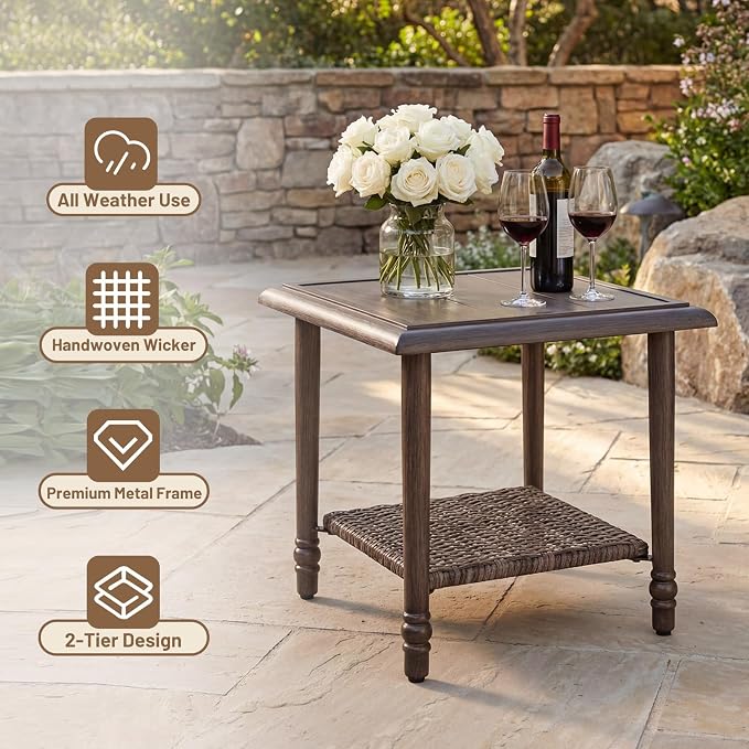 Loungewave Square Outdoor Side Table, 2-Tier Storage Patio Side Table, 20in Wicker Rattan Coffee Table, Metal End Table, Indoor Outdoor Wicker Small Table for Patio, Pool, Porch (Brown)