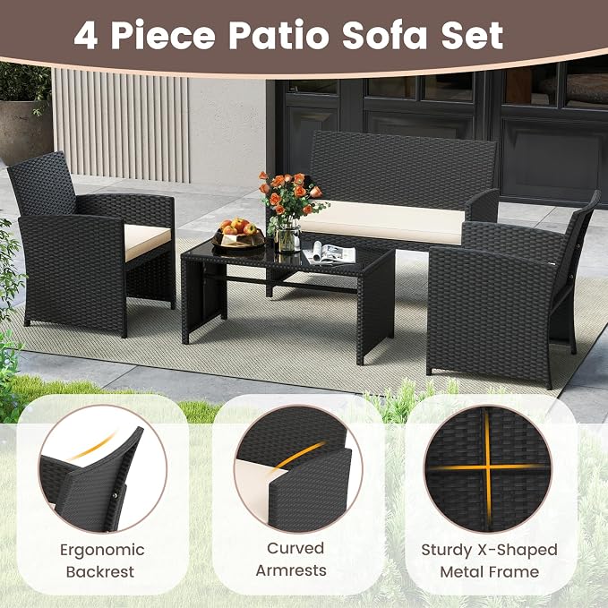 HAPPYGRILL 4 Piece Rattan Wicker Patio Conversation Set, Outdoor Furniture with Chair Loveseat Table & Cushion, for Backyard Porch Balcony (1, Black & Off White)