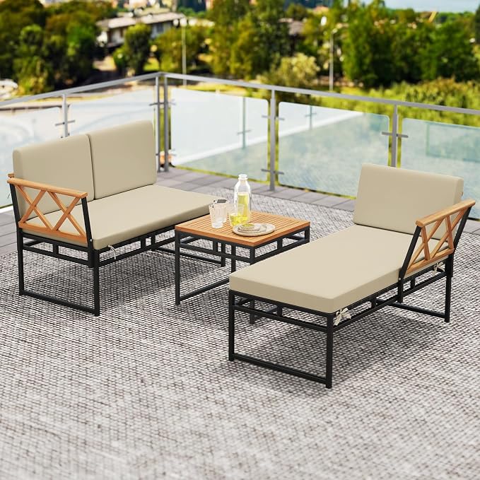 Tangkula 3 Pieces L-Shaped Outdoor Furniture Set, Acacia Wood Patio Sectional Cushioned Conversation Sofa with Square Coffee Table, for Porch, Backyard & Poolside (Beige)