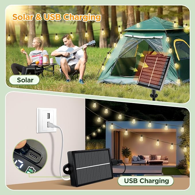 Solar String Lights Outdoor Waterproof with Remote & Timer, LED Shatterproof ST38 Bulbs, USB & Solar Powered Patio Lights for Backyard, Porch, Garden, Wedding, Christmas Decor (25FT)