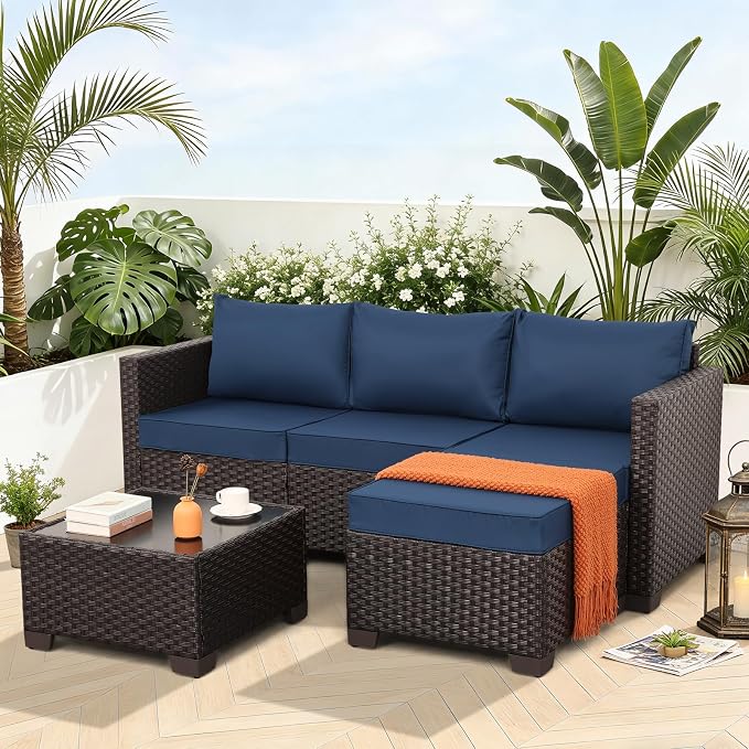 Patio Furniture Set 3 Pieces Outdoor Sectional Sofa Set Wicker Patio Furniture Outdoor Couch Outdoor Ottoman Coffee Table with Glass All-weather Non-slip Cushions Waterproof Covers, Navy Blue