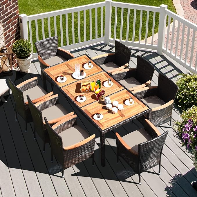 Patio Dining Set Outdoor Dining Set, 9 Pieces Wicker Patio Furniture Set with Acacia Wood Table and Chairs, Garden Dining Table Set for Backyard, Poolside, Desk, Christmas(Brown)