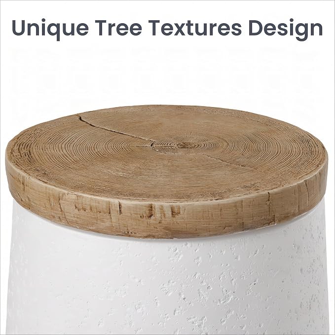 HOMPUS Outdoor Side Table Set of 2, Concrete End Table Cylinder Shaped | Lightweight MgO Patio Accent Table w Wood Grain Top, Small Round Outdoor Garden Stand for for Indoor Outdoor Use, White