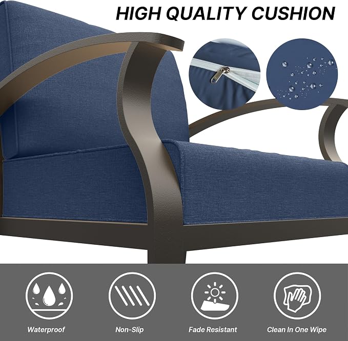 Gotland Aluminum Patio Furniture Set, 4 PCS Metal Outdoor Furniture with 45’’ Fire Pit Table Waterproof 5.1'' Seat Cushions 34.1’’ High Back, Oversized Outdoor Sectional Patio Conversation Sets, Navy