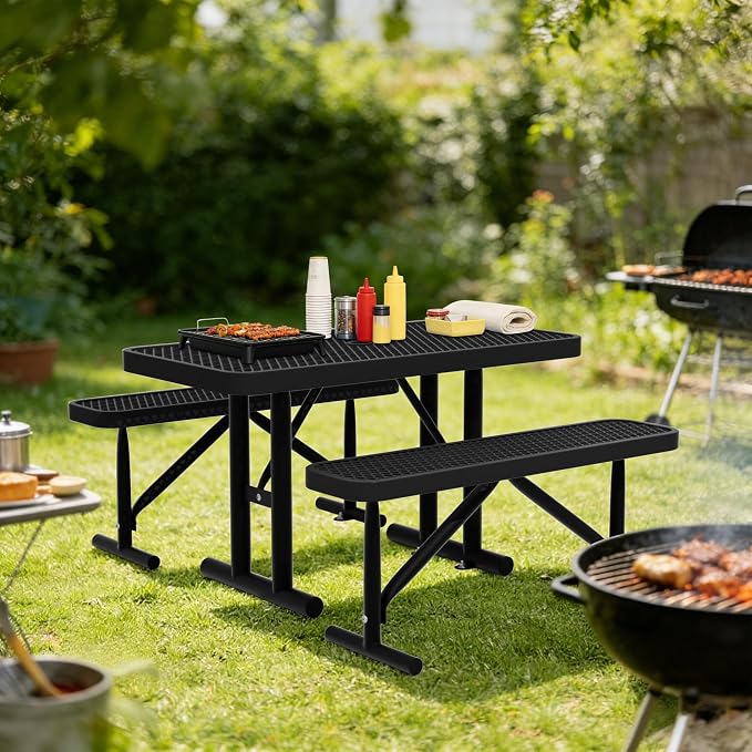 6FT Picnic Tables for Outdoors, Black Rectangular Heavy Duty Commercial Picnic Table with Umbrella Hole, Weather-Resistant Camping Table Dining Table for Backyard, Patio, Garden, Shops, Parks