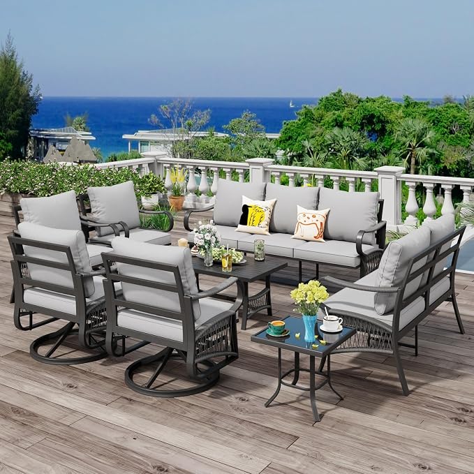 8 Piece Patio Furniture Set, 9 Seat Metal Outdoor Sectional Sofa Set with 2 Swivel Chairs, Patio Conversation Set with Thick Cushions and Coffee Table for Garden, Porch, Lawn, Grey