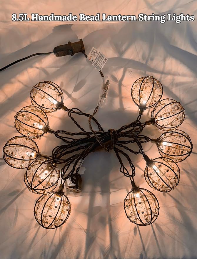 8.5Ft Outdoor Decor Patio Lights,10L Beaded Copper Wire Ball Lantern Lights | Connectable Weather-Resistant Indoor Outdoor Boho String Lights for Home Pergola Campings Porch Party Backyard