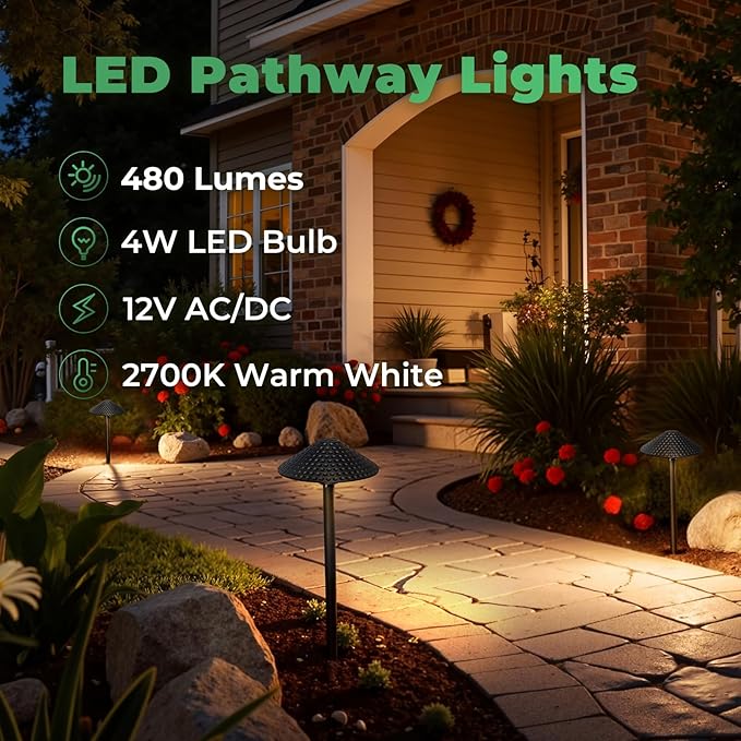 Low Voltage Pathway Lights (6.69'' Shade, 21.54'' Tall) 12V Outdoor LED Landscape Pathway Lighting Aluminum Vintage Hammered Path Lights with 4W 2700K Replaceable Bulb, 8 Pack