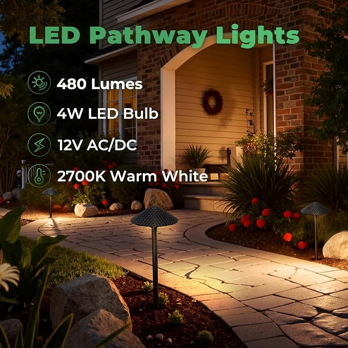 Low Voltage Pathway Lights (6.69'' Shade, 21.54'' Tall) 12V Outdoor LED Landscape Pathway Lighting Aluminum Vintage Hammered Path Lights with 4W 2700K Replaceable Bulb, 12 Pack
