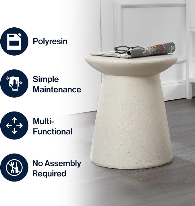 JONATHAN Y Hollie Polyresin Outdoor Side Table and Stool, 18" All-Weather Textured Round Pedestal Accent Table for Patio, Garden, Modern Minimalist, Cream Terrazzo TBL1108D