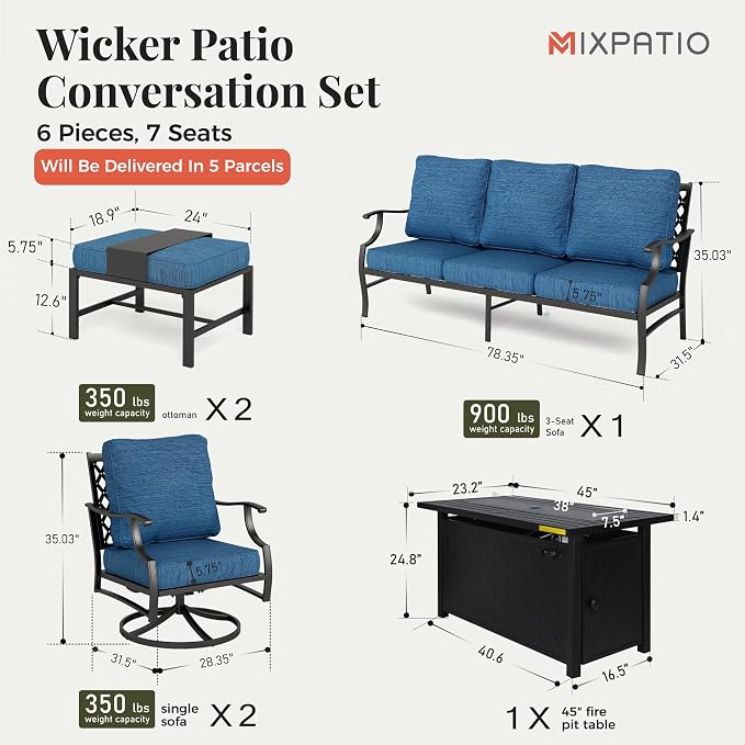 MIXPATIO Patio Furniture Set, 6 Pcs Metal Outdoor Conversation Set, 2 Swivel Chairs, 2 Ottomans and 3 Seater Sofa with 5.75" Extra Thick Cushion and Gas Fire Pit Table, Gemstone Blue