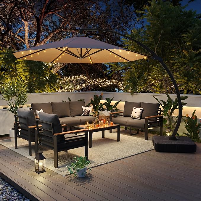 Aoxun Aluminum Patio Furniture Set with Umbrella 7 Seats, Oversized Outdoor Sectional with Washable Thick Cushions, Coffee Table, Patio Conversation Sets for Porch, Balcony, Deck