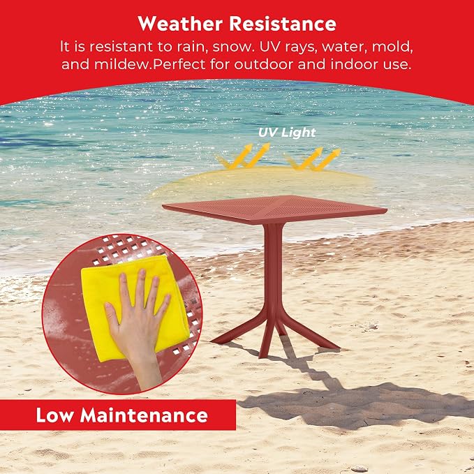 Costaelm Patio Dining Table for 4, Square PP Patio Table, 4-Person Weather Resistant Porch Tables for Outside Poolside Deck Lawn Garden Backyard, Red