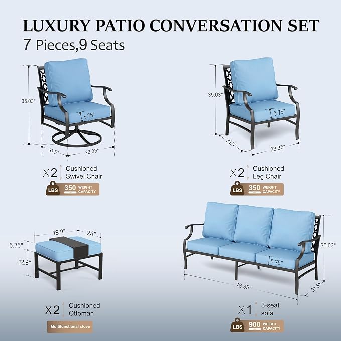 HERA'S HOUSE 7 Piece Patio Furniture Set, 2 x Swivel Chair, 2 x Leg Chair, 2 x Ottoman, 1 x 3-Seat Sofa, All Cushioned 10 Seats Metal Outdoor Conversation Set for Lawn Garden Backyard