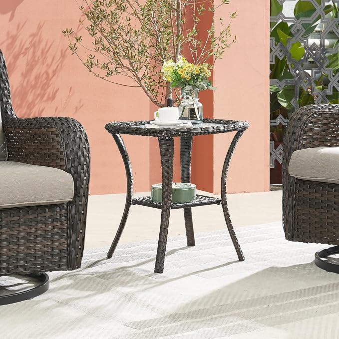 Belord Small Outdoor Side Table - Tempered Glass Wicker Table, Waterproof Patio Coffee Table Rattan End Table with Storage, Brown