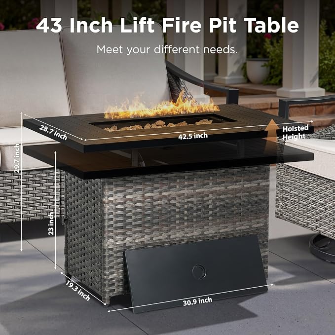 Patio Furniture Set with 42.5" Fire Pit Table-9 Pieces All Weather Wicker Outdoor Furniture with High Back Swivel Patio Chairs Set of 4 Outdoor Patio Conversation for Deck Garden Beige/Gray