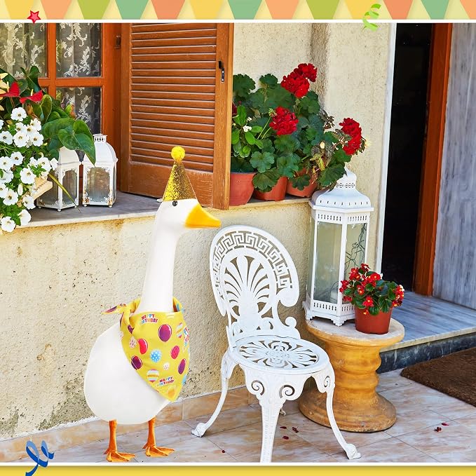 Happy Birthday Goose Outfit with Glitter Hat and Bandana,Yellow | for 23" 17" Cement Plastic Porch Goose, Outdoor Statue Patio Yard Lawn Art