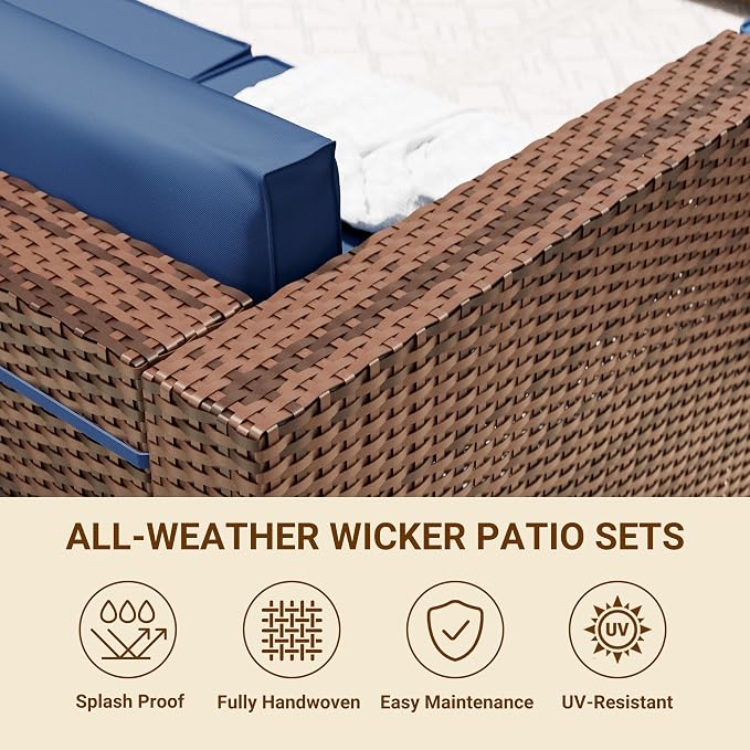 Patio Furniture Set with 44'' Propane Gas Firepit Table, 8 PCS Modular Outdoor Sectional Conversation Sets, All-Weather Wicker Patio Set for Backyard, Navy (Waterproof Covers Included)