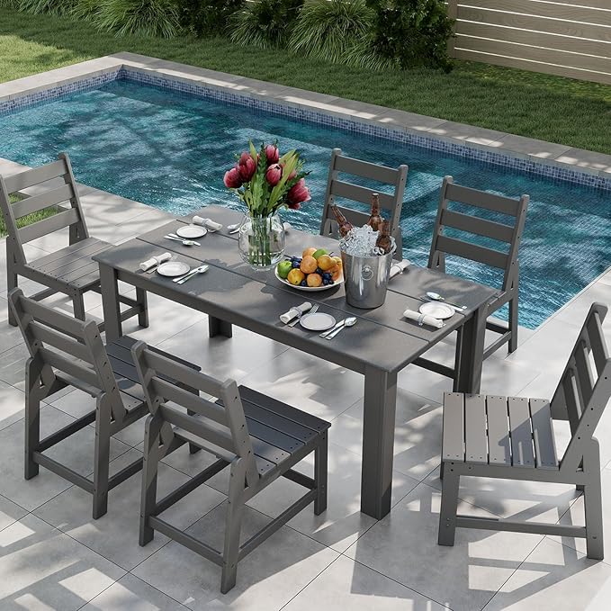 GREENVINES 7 Piece HDPE Outdoor Patio Dining Set, Table and 6 Chairs, Gray