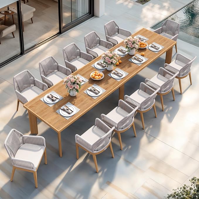PURPLE LEAF 13 Pieces Patio Dining Set Aluminum Modern Rectangular Table and Rattan Arm Chairs with Cushions for Kitchen Porch Garden Outdoor Furniture Sets, Teak