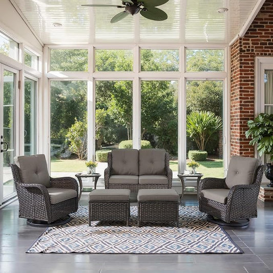 Belord 7 Piece Wicker Patio Furniture Set, Outdoor Swivel Rocker Chairs Set of 2 with Ottomans and Loveseat, All Weather Patio Conversation Furniture Set, for Pool,Yard,SunroomBrown Wicker/Gray