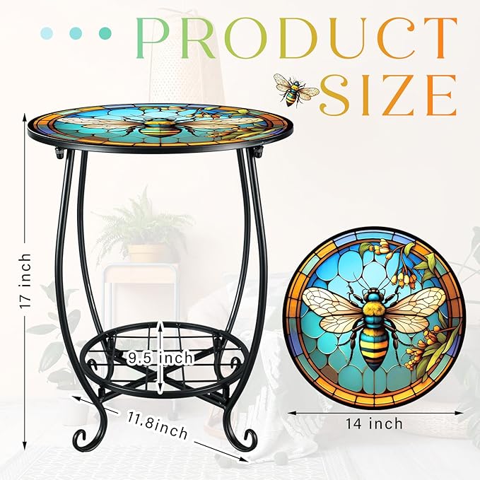 Cinnvoice Outdoor Side Table Round Small Mosaic Patio Accent Indoor End Plant Coffee Tea Table for Yard Patio Porch Garden Living Room, Bedroom(Bee Style,14 Inch)