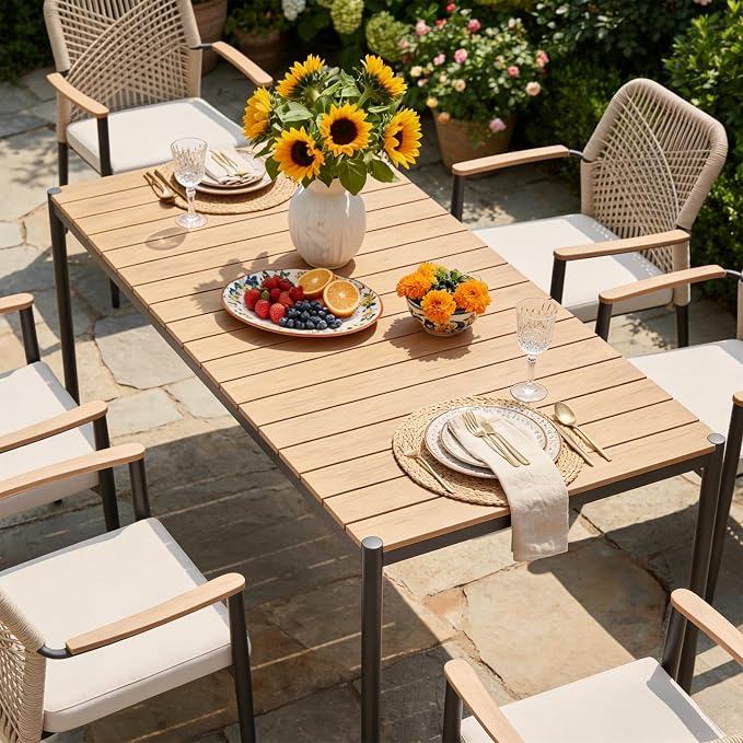 SUNSITT 7 Piece Outdoor Patio Dining Set, Patio Dining Furniture Set with 70” Metal Dining Table w/WPC Tabletop and 6 Woven Rope Patio Chairs w/WPC Armrests for Garden, Beige