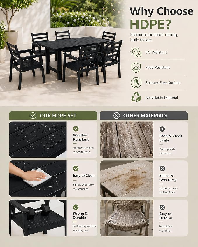 10 Piece HDPE Outdoor Dining Set for 8, Patio Dining Furniture Set with 2” Umbrella Hole, Weather Resistant Outdoor Table and Chairs for Garden, Poolside, Backyard, Deck