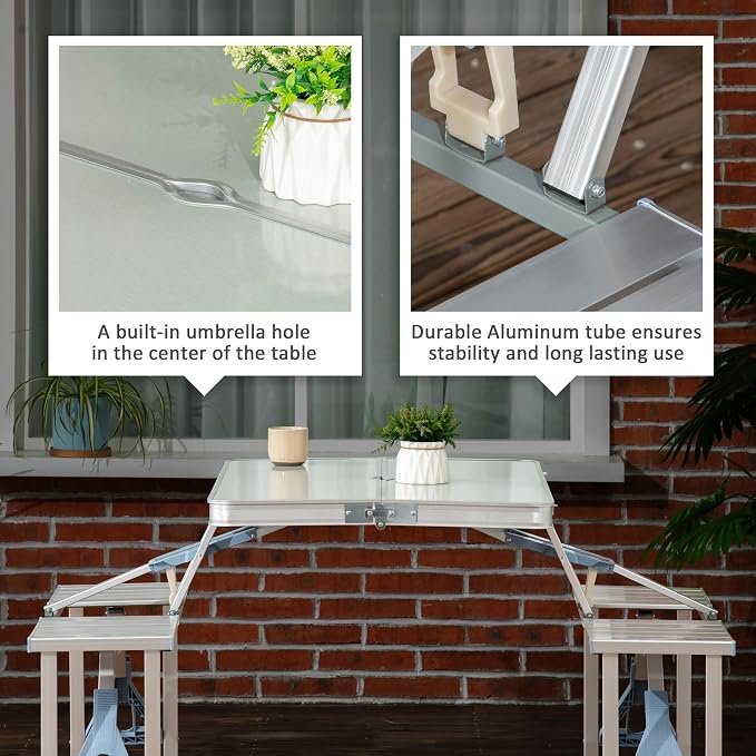Outsunny Folding Picnic Table with Umbrella Hole, Aluminum Suitcase Portable Outdoor Table with Bench, Patio, Porch or Camping Table and Chair Set, Silver