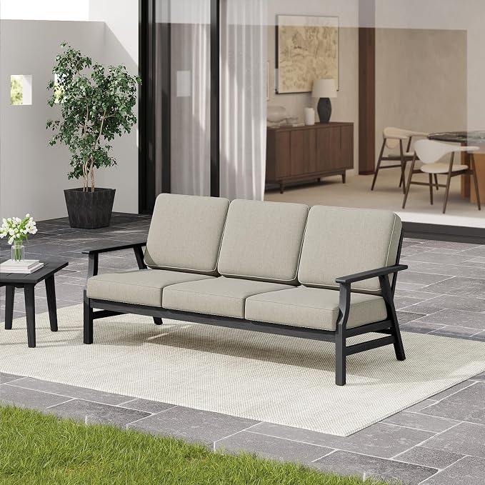 4 Pieces Patio Furniture Sets, Black Wood Outdoor Sectional Furniture with Coffee Table, 5 Seats Patio Sofa Couch Conversation Set for Backyard Deck - Light Camel