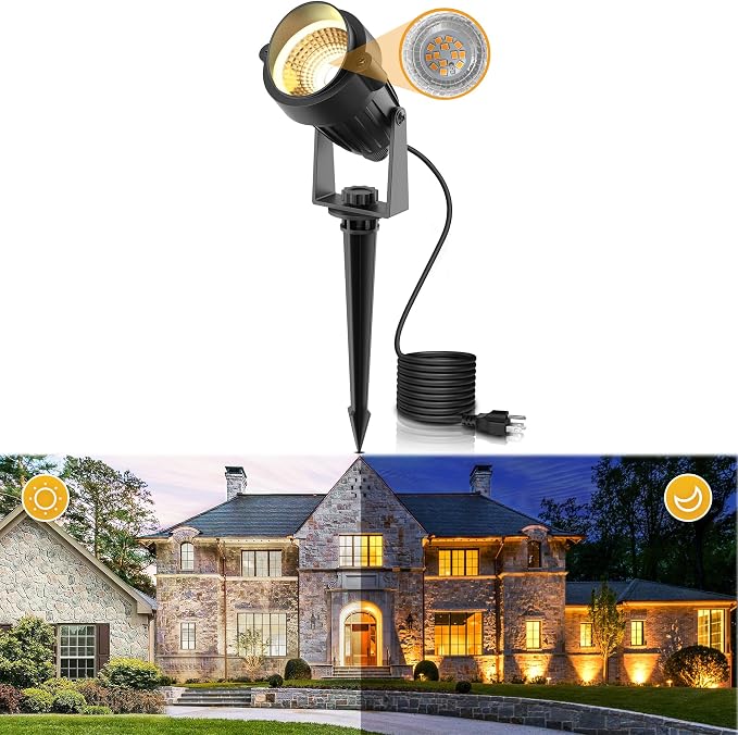 L LOHAS LED Dusk to Dawn Plug in Outdoor Spotlight Warm White 1 Pack | Dusk to Dawn Outdoor Lighting with Auto Sensor, Plug in Spot Lights for Yard, Garden, House and Landscape Decoration